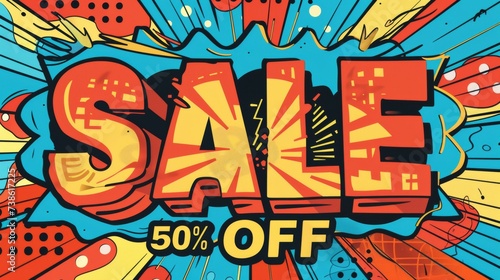 Comic lettering: 50 percent off promotion SALE in the speech bubble comic style