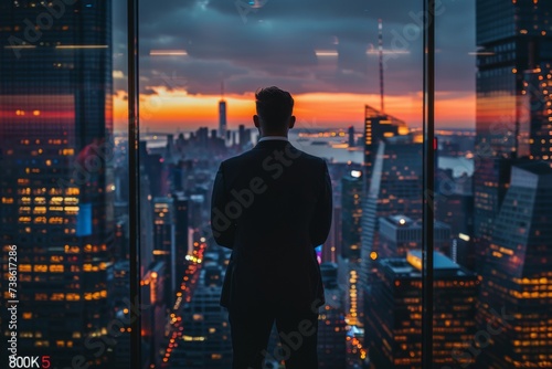 a confident CEO overlooking the city skyline from a high-rise office, inspiring and visionary