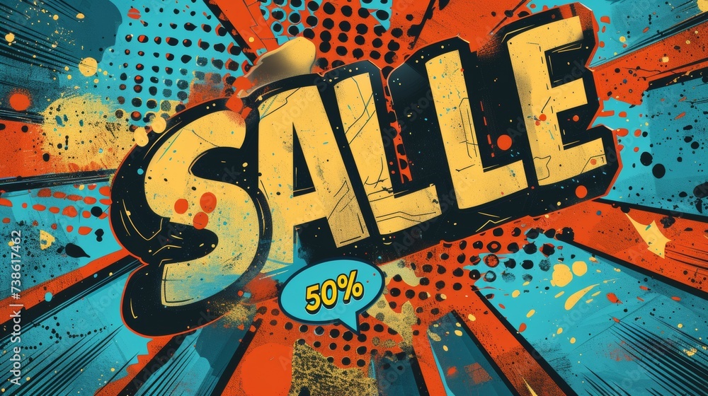 Comic lettering: 50 percent off promotion SALE in the speech bubble comic style Comic lettering: 50 percent off promotion SALE in the speech bubble comic style
