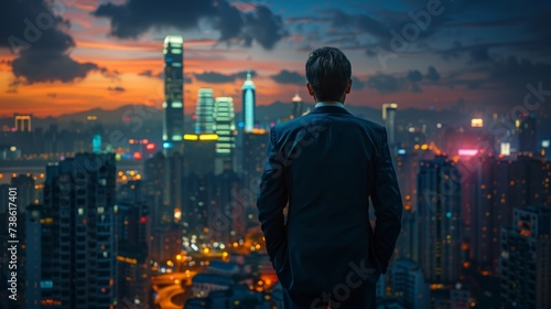 a confident CEO overlooking the city skyline from a high-rise office, inspiring and visionary