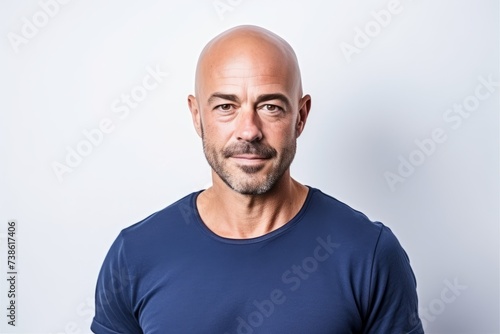 Portrait of a bald man in a dark blue t-shirt.