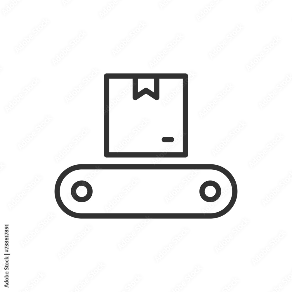 Box on the conveyor belt, linear icon. Logistics. Line with editable stroke Box on the conveyor belt, linear icon. Logistics. Line with editable stroke