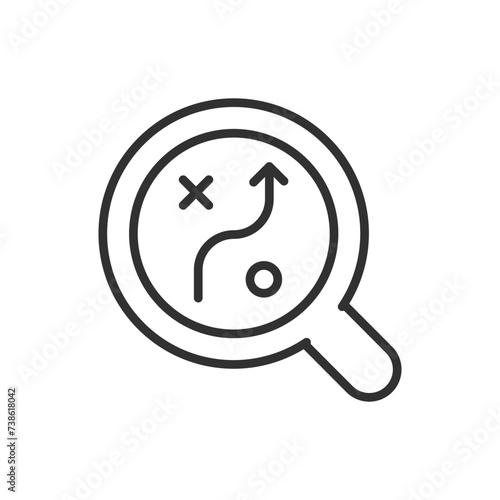 Strategic analysis, linear icon. Finding a solution and a path to success. Strategy. The magnifying glass and the strategic path. Line with editable stroke