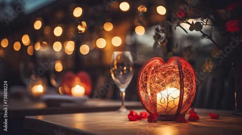 Romantic dinner setup, red decoration with candle light in a restaurant. Selective focus. Vintage color
