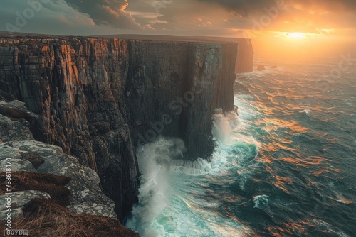 Coastal cliffs with crashing waves below and a dramatic sunset, nature landscape