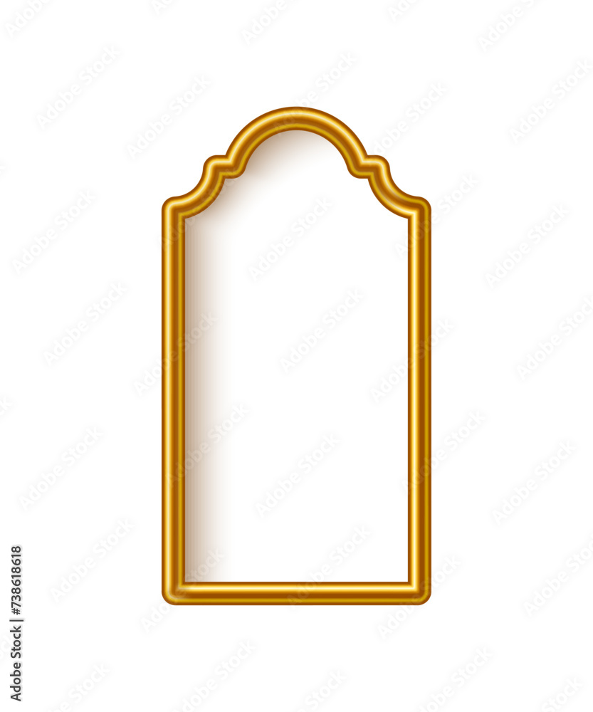 Arabic gold arch with shining lights inside isolated on white background. 3D islam window architecture shape for muslim holidays, design element door, golden tube frame. Realistic vector illustration Arabic gold arch with shining lights inside isolated on white background. 3D islam window architecture shape for muslim holidays, design element door, golden tube frame. Realistic vector illustration