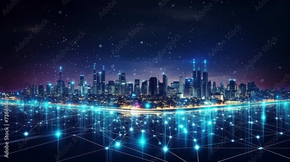 Obraz premium Smart city and abstract dot point connect with gradient line and aesthetic Intricate wave line design , big data connection technology concept