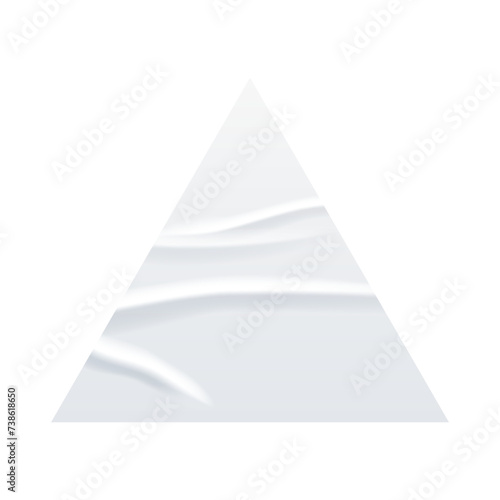 Crumpled white paper triangle sticker vector illustration. Wrinkled glued label triangle shape. Realistic isolated mock up of badge