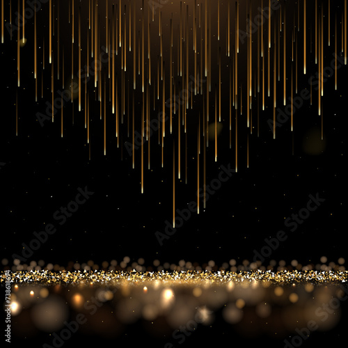 Golden abstract light rain. Falling glow glitter lights. Modern futuristic luxury night background with comets and meteors. Shiny sparkling vector illustration. Decoration for ceremony, party, event
