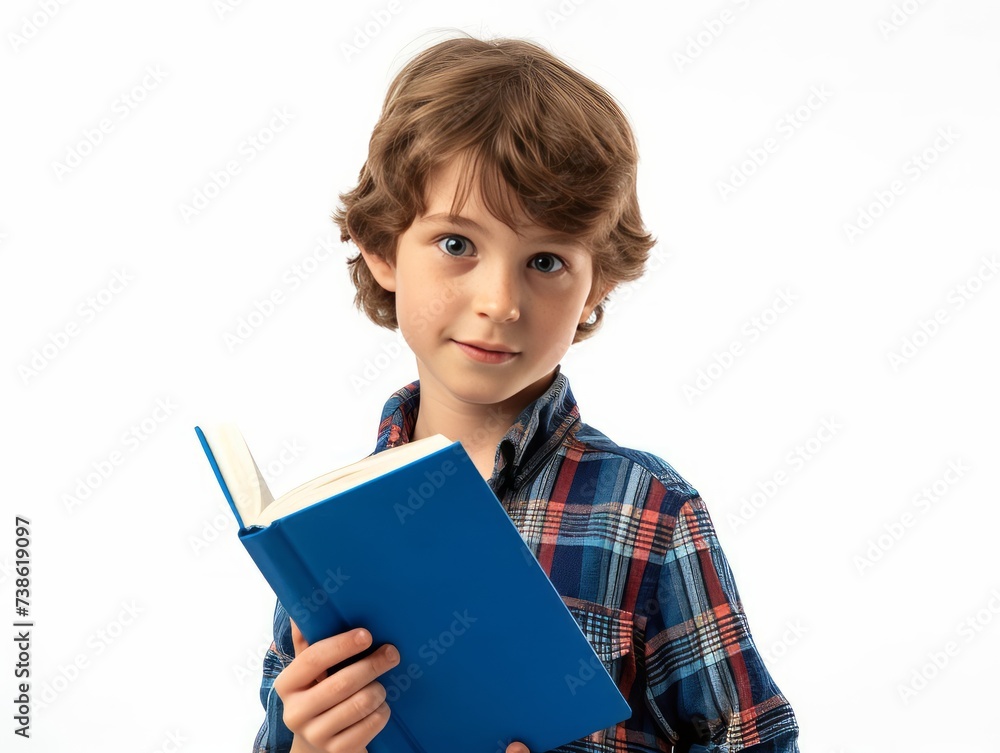 Portrait of a male student with light brown hair and blue eyes looking at the camera with his hand holding a blue-colored book isolated in a white background. Created with Generative AI. Portrait of a male student with light brown hair and blue eyes looking at the camera with his hand holding a blue-colored book isolated in a white background. Created with Generative AI.