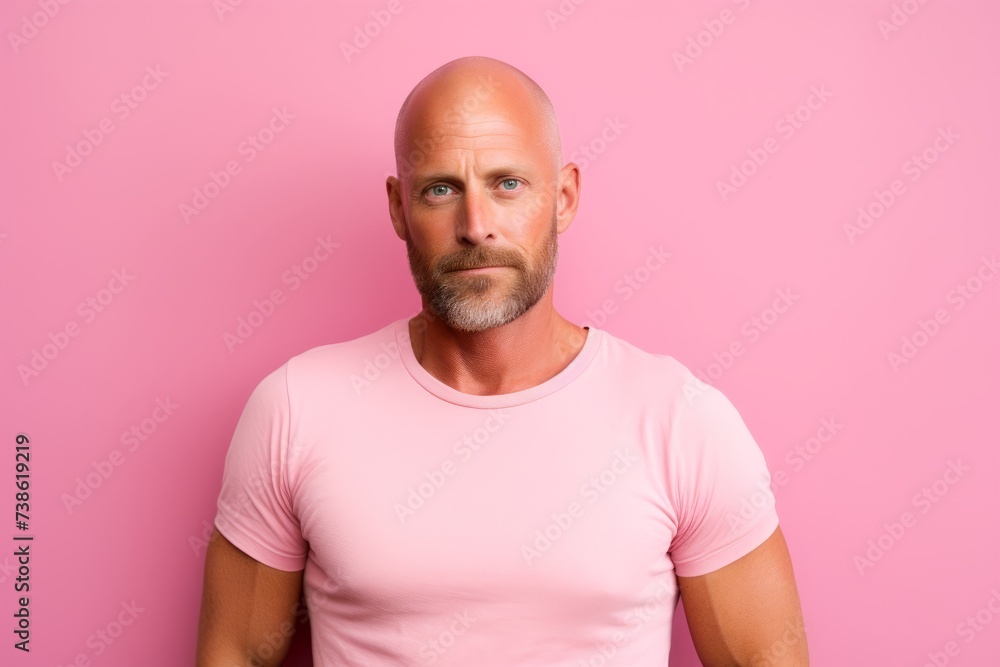 Portrait of a middle-aged man in a pink t-shirt on a pink background. Portrait of a middle-aged man in a pink t-shirt on a pink background.