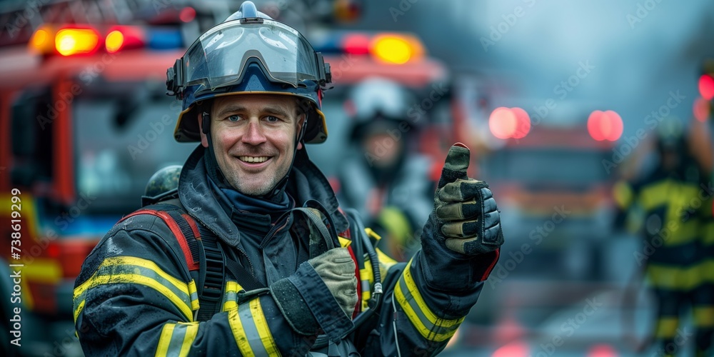 Firefighter's Positive Gesture by Fire Engine Firefighter's Positive Gesture by Fire Engine