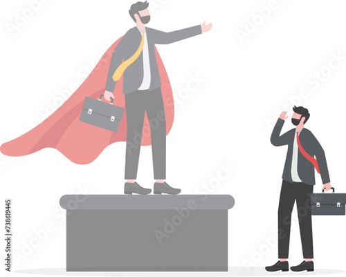 Ego, self important or self esteem, too much proud of yourself or overconfident, success or leadership history concept, businessman looking at his self success statue thinking of own Ego.

