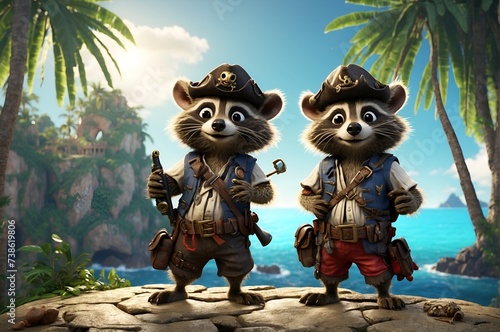 A pair of mischievous raccoons dressed as pirates, searching for treasure on a tropical island photo