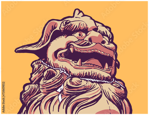 Vector illustration, t-shirt design of Japanese, Chinese foo dog, guardian lion statue figure in color photo