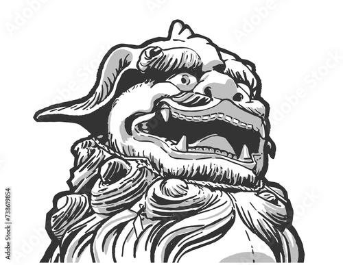 Vector illustration, t-shirt design of Japanese, Chinese foo dog, guardian lion statue figure in black and white photo