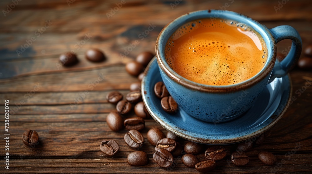 Cup of coffee and coffee beans on wooden background. Copy space for text Cup of coffee and coffee beans on wooden background. Copy space for text