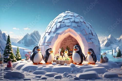 A family of cartoon penguins building an igloo together on a snowy landscape