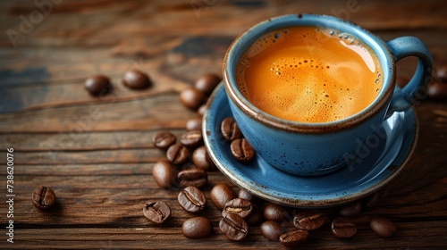 Cup of coffee and coffee beans on wooden background. Copy space for text