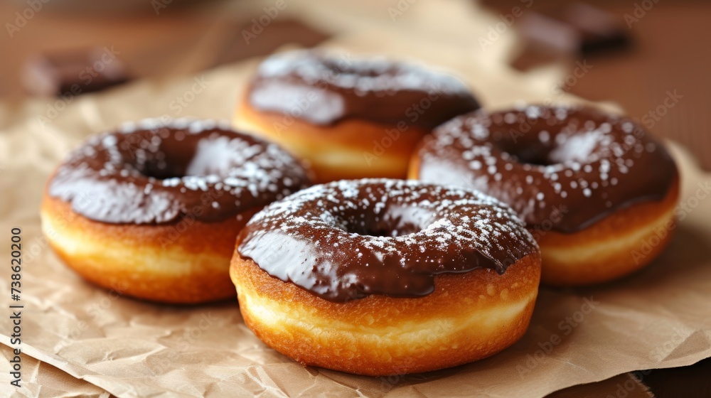 Donuts with chocolate on a wooden background, selective focus.