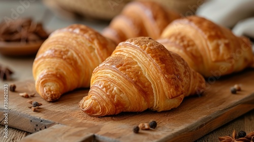 Freshly handmade baked croissants on a rustic wooden background.