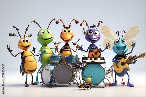 A group of cartoon insects playing in a band