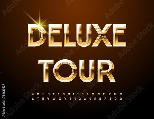 Vector advertising emblem Deluxe Tour. Elegant Alphabet Letters and Numbers set. Gold chic Font.