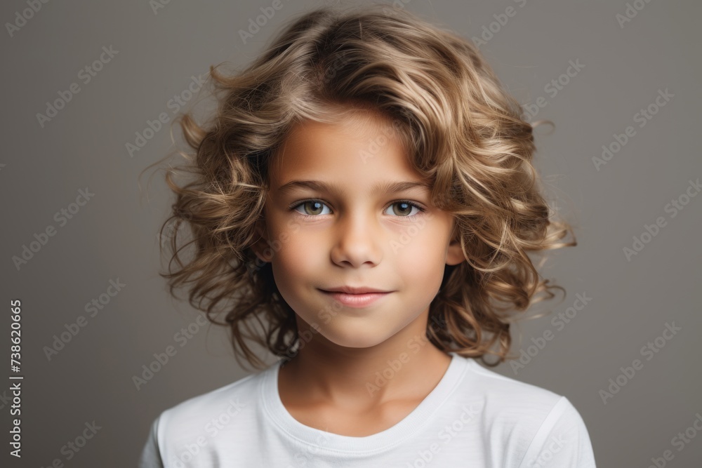 Portrait of a cute little girl with curly hair over grey background Portrait of a cute little girl with curly hair over grey background
