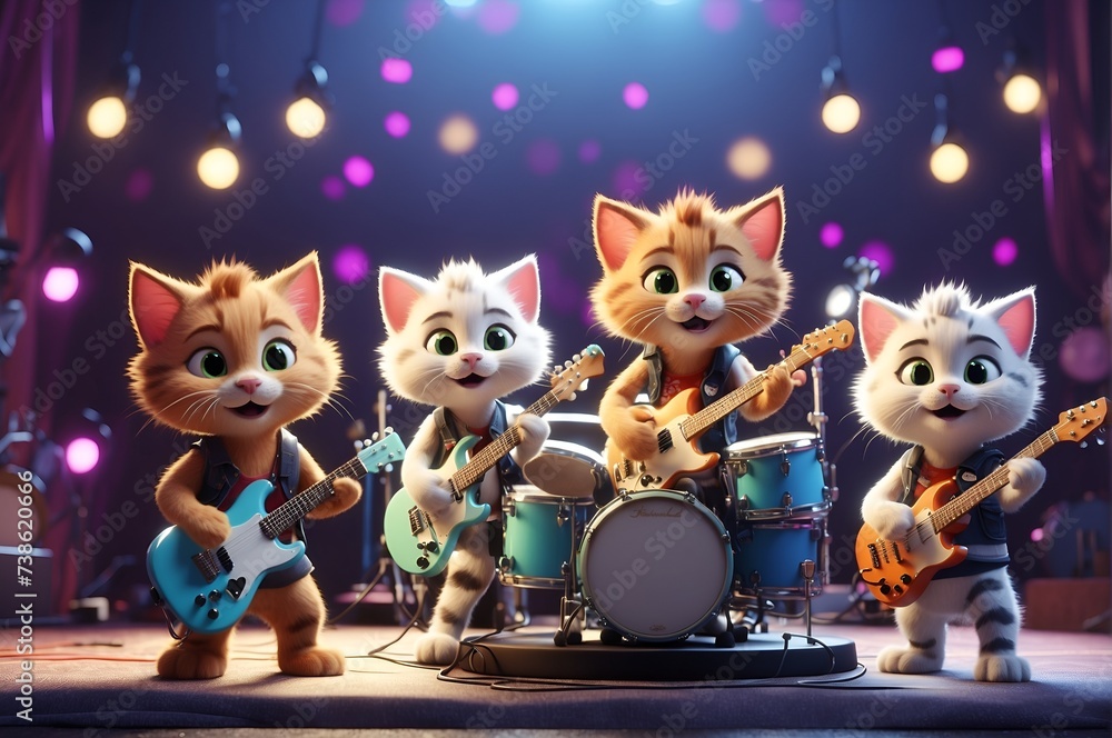 A group of cartoon kittens playing instruments in a rock band on a stage A group of cartoon kittens playing instruments in a rock band on a stage