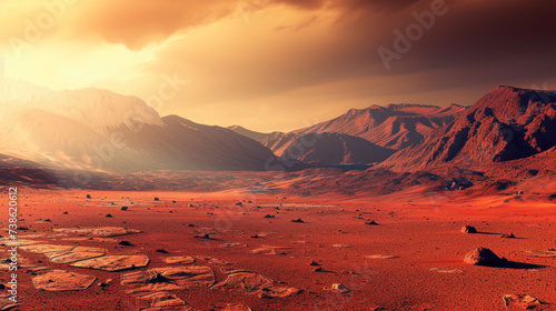 Landscape of planet Mars, red barren lifeless land, extraterrestrial discoveries concept