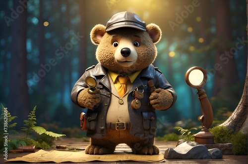 A friendly bear in a detective outfit, with a magnifying glass, examining clues on a treasure map