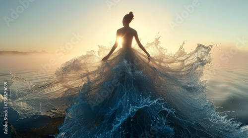 Beautiful goddess or nymph in intricate dress made of splashes walks on lake photo