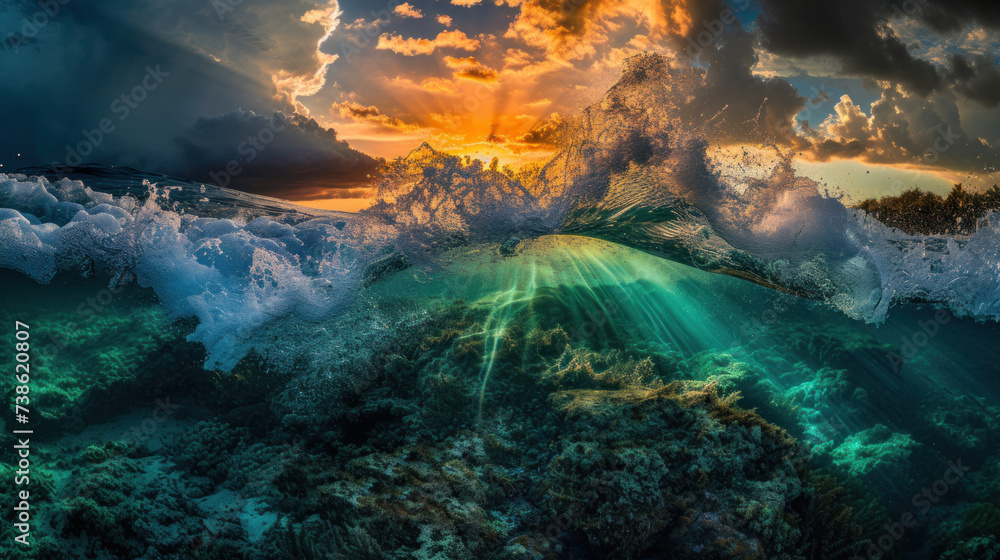 Obraz premium Splash of wave in sea, split technique