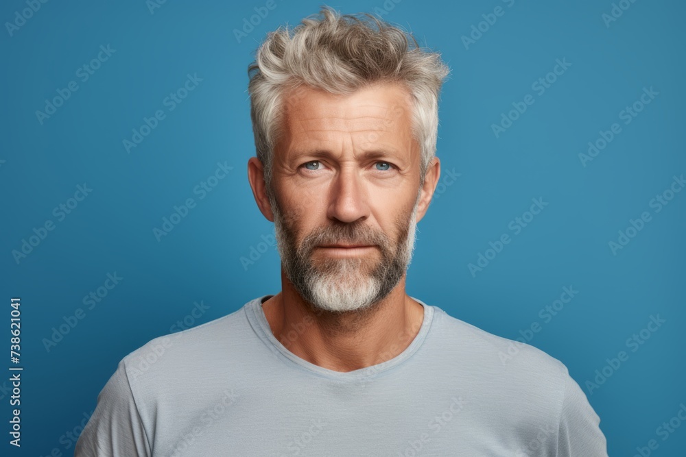 Portrait of mature man with grey hair and beard on blue background Portrait of mature man with grey hair and beard on blue background