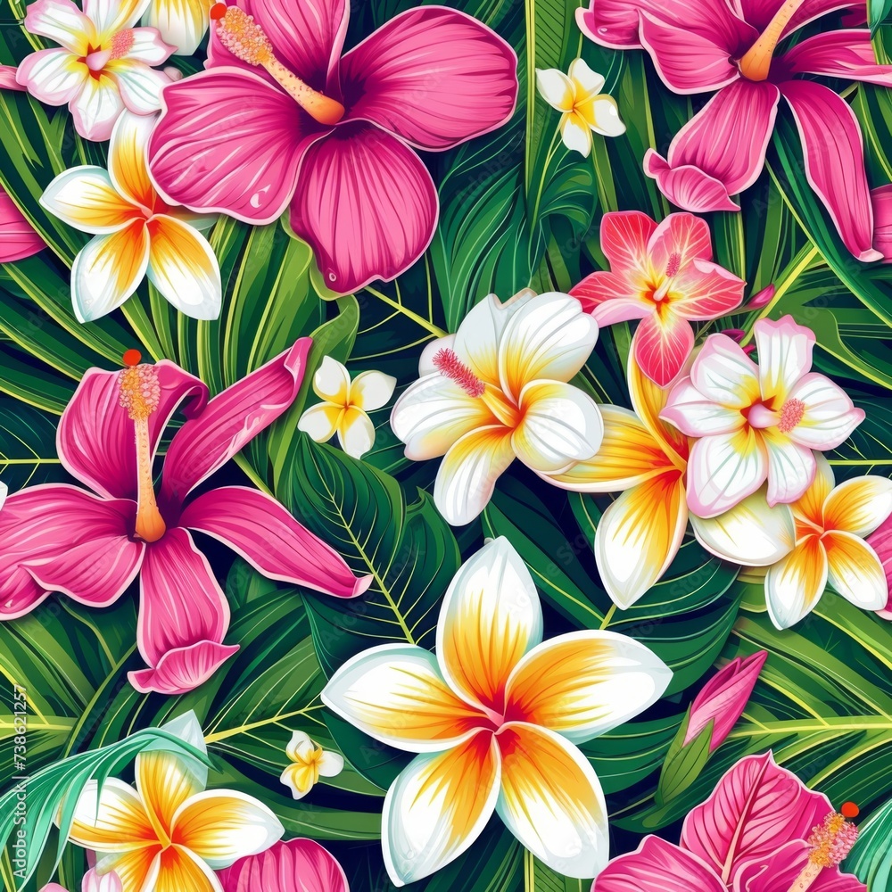 Lush Pink Hibiscus and Plumeria Illustration on Vibrant Green Backdrop. Lush Pink Hibiscus and Plumeria Illustration on Vibrant Green Backdrop.
