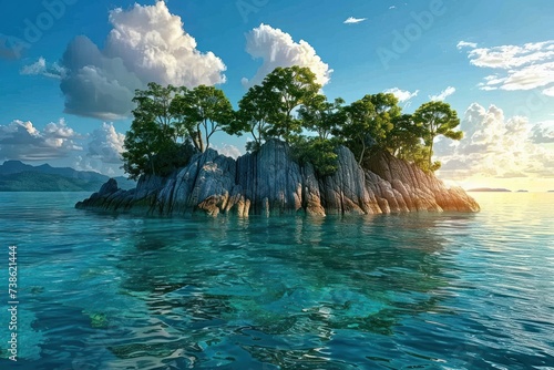 Island with rocky outcrops and trees in middle of sea capturing essence of travel and nature scenic seascape presenting tranquil vacation ideal for summer holidays with beaches clear blue waters © Bussakon