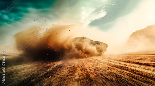 Voiture de rallye projetant de la terre derrière elle en roulant dans le désert