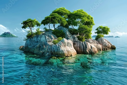 Island with rocky outcrops and trees in middle of sea capturing essence of travel and nature scenic seascape presenting tranquil vacation ideal for summer holidays with beaches clear blue waters