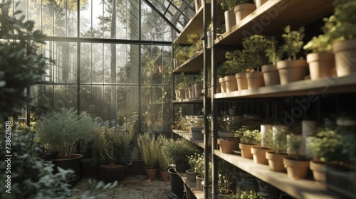 Sunlit Vintage Greenhouse with Shelves of Potted Herbs and Plants. © Oksana Smyshliaeva