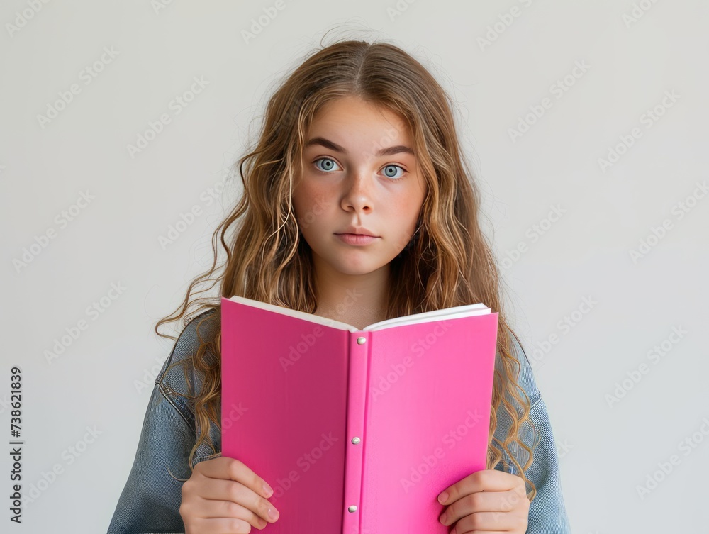 Portrait of a schoolgirl with long brown hair holding a pink book looking at the camera. Girl and book in a grey room. Created with Generative AI. Portrait of a schoolgirl with long brown hair holding a pink book looking at the camera. Girl and book in a grey room. Created with Generative AI.