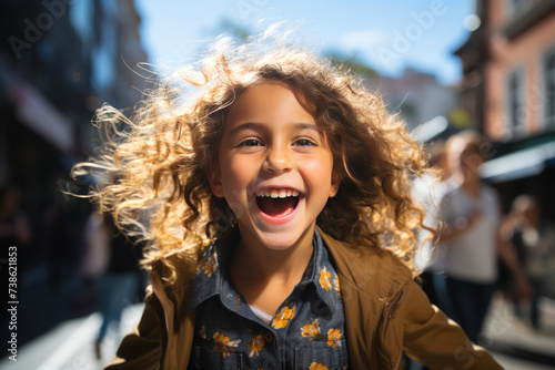Cute little girl laughing and having fun outdoors with curly hair in the wind