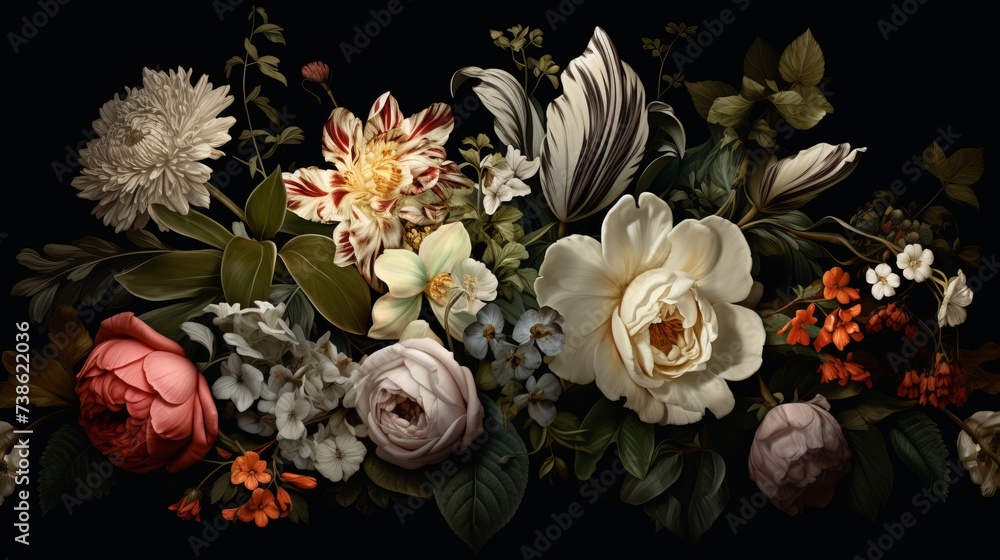 Vintage flowers. Peonies, tulips, lily, hydrangea on black. Floral background. Baroque style floristic illustration - obrazy, fototapety, plakaty 