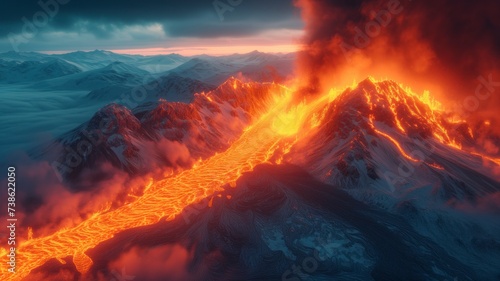 As the sun sets on the snow-capped mountain, a fiery shield volcano erupts with nature's raw power, sending plumes of smoke and molten lava into the sky, creating a stunning landscape of heat and fir