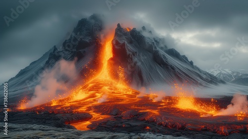 A fiery shield of molten lava rises from the earth, engulfed in smoke and flames, as the sky above is filled with billowing clouds of heat from the erupting volcano