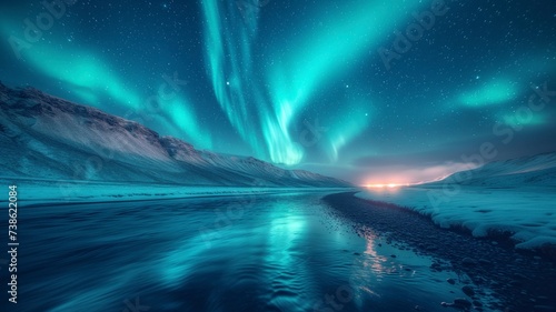 A breathtaking winter landscape of a glistening mountain reflecting on a still body of water, under a starry sky illuminated by a vibrant aurora