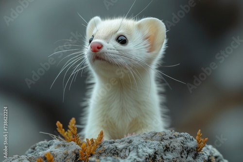 A curious mustelid, with soft fur and sharp whiskers, perches atop a rugged rock in the great outdoors, exuding a sense of wild freedom and untamed beauty photo