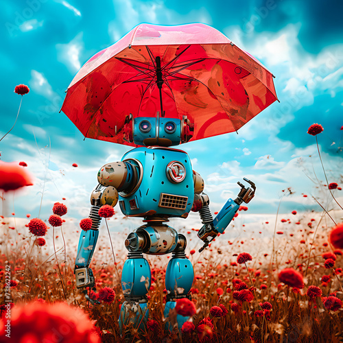 Robot se promenant dans un champ de coquelicots avec une ombrelle rouge photo