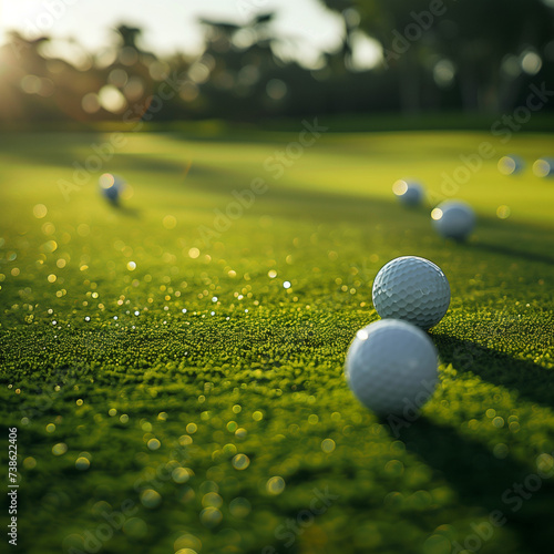 Close-up of golf balls scattered on a dewy, sunlit fairway in the early morning