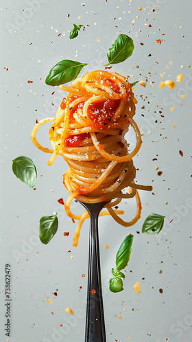 Spaghetti swirled on a fork To capture the movement of the sauce and pasta falling down. The background is white. Highlights the bright red color of the ketchup. golden color of spaghetti