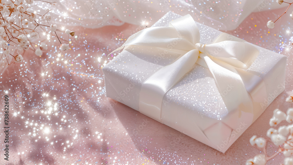 White gift box with a white bow on a pink background adorned with glitter and floral decoration White gift box with a white bow on a pink background adorned with glitter and floral decoration
